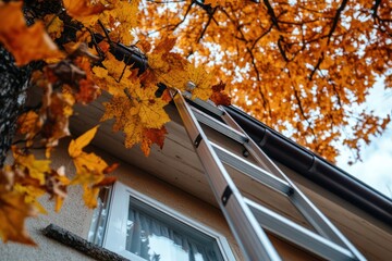 Extension ladder against house during autumn maintenance
