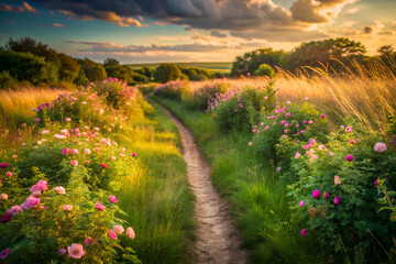 dirt path winding through a field of wild roses and tall grass, mid-afternoon lighting generative ai