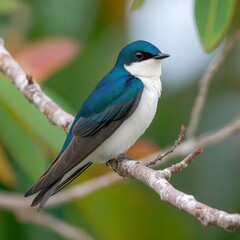 Fototapeta premium A stunning tree swallow perched gracefully on a branch, displaying its vibrant plumage