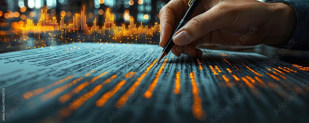 Poster business contracts being signed with digital graphs in the background