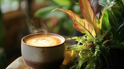 Freshly Brewed Coffee in a Cozy Environment Surrounded by Greenery