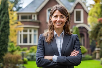 Fototapeta premium Professional real estate woman in front of suburban house