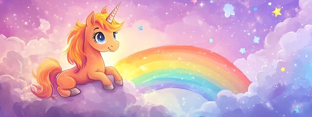 Obraz premium Adorable Orange Unicorn on a Cloud Gazing at a Rainbow in a Magical Sky