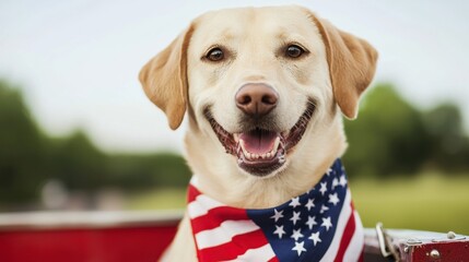 A happy Labrador dog wearing an American flag bandana, sitting outdoors on a sunny day.
