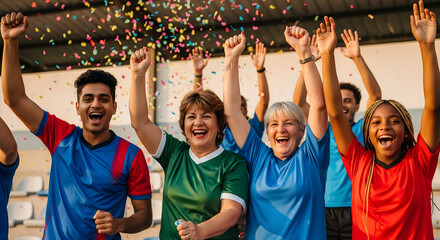 A group of diverse soccer fans in team jerseys, cheering with arms raised, confetti falling, natural stadium lighting