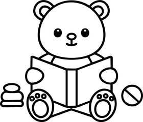 Cute teddy bear reading a book with toys and playful elements in a minimal design