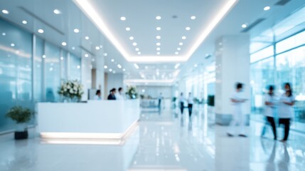 Bright hospital lobby with reception desk and blurred figures walking.