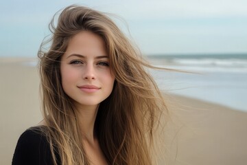 Fototapeta premium Portrait of young woman with windy hair on beach
