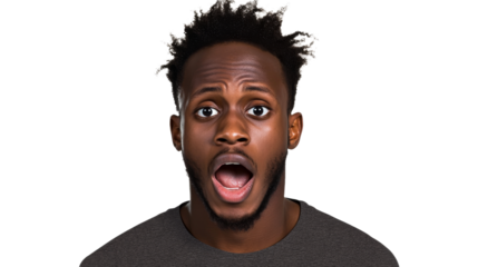 Surprised African man with mouth open looking at camera, cut out transparent