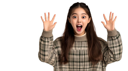 Asian lady expressing great surprise, studio shot, cut out transparent
