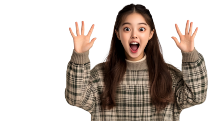 Asian lady expressing great surprise, studio shot, cut out transparent