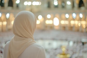 Woman in Hijab Gazing at Sacred Space in a Grand Mosque Interior
