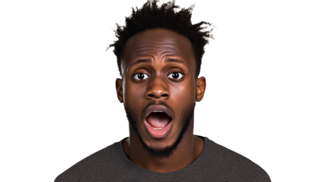 Surprised African man with mouth open looking at camera, cut out transparent