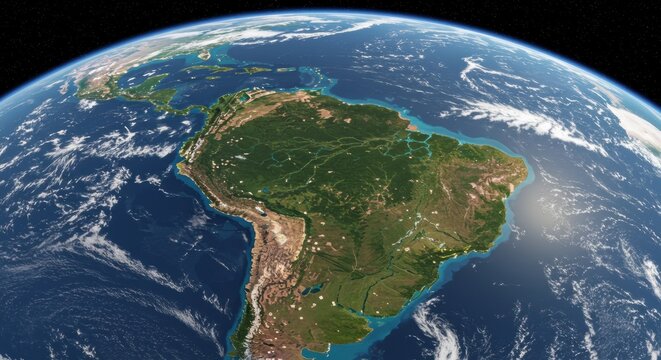 Earth from space, focused on South America and the Atlantic Ocean, clear atmospheric haze, continental details.
