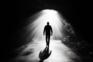 Mystery figure walking into bright light from shadows