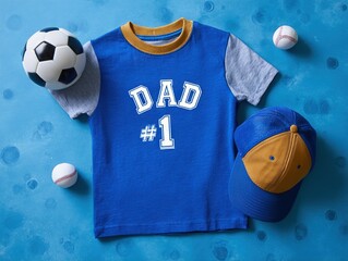 Cheerful Father’s Day Sports Flatlay with Soccer Ball, Jersey, Cap and a #1 DAD Tag