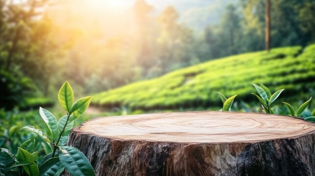 Wooden Tree Stump Platform with Tea Plantation Background in Bright Sunlight