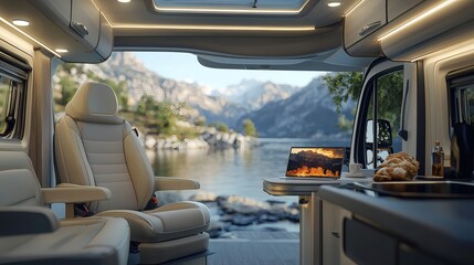 Fototapeta premium soft light illuminating interior mobile workspace of camper with mountain view
