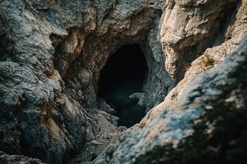 Dark cave entrance in rocky mountain viewed from above