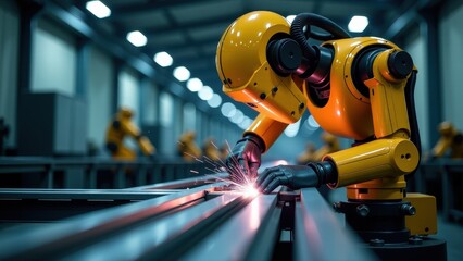 A yellow robot diligently welds metal pieces in a modern factory, showcasing advanced industrial automation