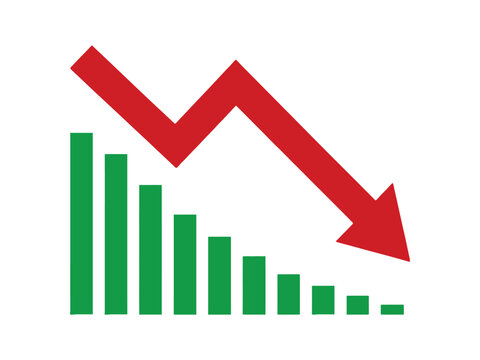Downtrend illustrated by falling arrow and decreasing bar graph representing losses