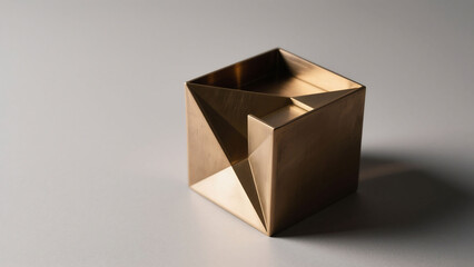 gold metal cube, geometric cube, 3d wireframe cube, minimalist metallic sculpture, industrial design, isometric shape, minimal abstract form
