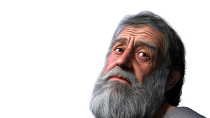 Senior man close up portrait, gray hair and beard, pensive look, cut out transparent
