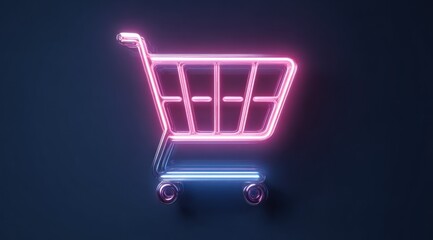 Neon shopping cart icon glows pink and blue against a dark background.