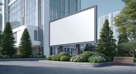 Blank billboard in front of a modern building surrounded by green trees.