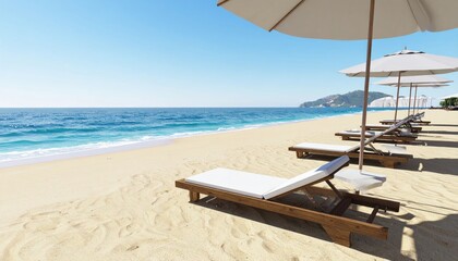 Serene beachfront view with lounge chairs and ocean horizon under clear sky