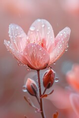 Fototapeta premium macro shot of dew drop on desert flower, plain sandy background, hyper-realistic style, soft morning light, vibrant pink and beige tones, centered subject with minimal negative space