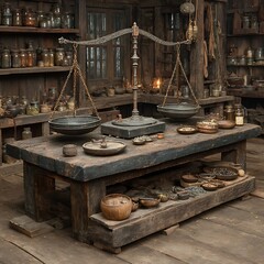 Old merchant scale with vintage weights high resolution picture