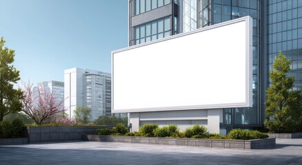 Blank billboard stands in front of a modern building on a sunny day.