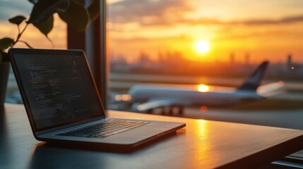 digital nomad workspace near window with airplane contrails in background, symbolic travel routine