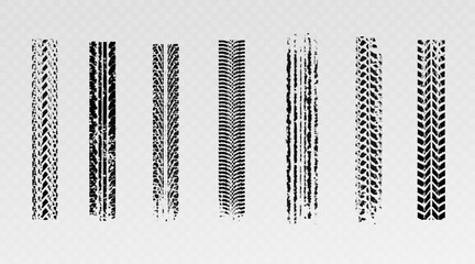 Fototapeta premium Traces of car, motorcycle tread. Curved realistic traces of tires of wheels from different types of tread vector png. Car wheels on disks. 