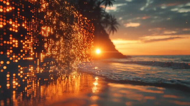 abstract digital workplace by the sea, waves and sun blending with holographic taskboard