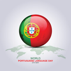 Obraz premium World Portuguese Language Day. 5th May Portuguese Language Celebration Day social media cover with earth globe, Books in red, green color, Portuguese Flags and Map.
