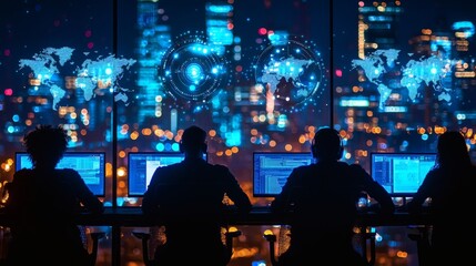 modern concept of remote collaboration as multiple work desks under hovering world clocks