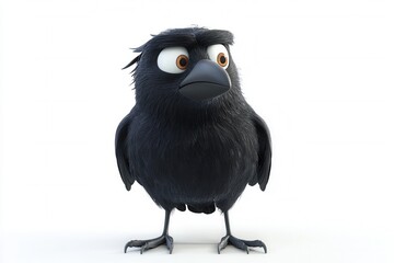Fototapeta premium A Cartoonish Black Bird Character with Expressive Eyes, Standing Confidently Against a White Background, Embodying Playful Characteristics and a Strong Personality