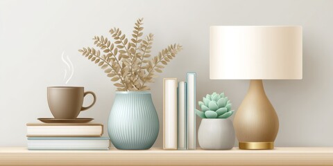 A 2D flat vector of a home workspace with coffee, lamp, and calm vibes