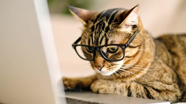Funny cat wearing glasses working on laptop at desk, comical pet acting like human

