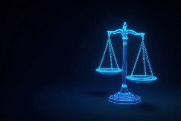 Blue glowing scales of justice symbol on a dark background.