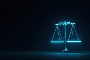 Glowing scales of justice symbol against a dark background.