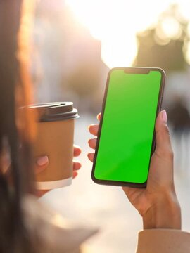 Mockup of smartphone with green screen in urban setting, close-up of woman drinking coffee holding vertical mobile device, editable screen for app or web design template

