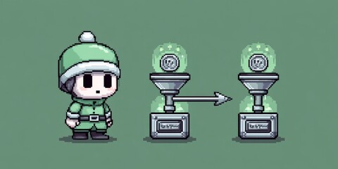 A pixel art conversion funnel with tiny characters entering and emerging as coins