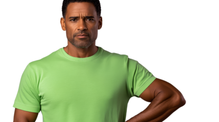 Serious African man in green shirt looking at camera, cut out transparent