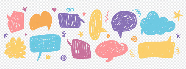 Set of empty colorful hand-drawn crayon speech bubbles, featuring grunge style charcoal clouds and chalky, doodle style balloon boxes. Vector collection in a playful, childlike scribble style