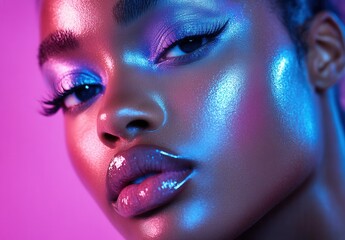 Close-up Portrait of a Beautiful Young Black Woman with Radiant Skin, Stylish Makeup, and Shimmering Glossy Lips Under Colorful Neon Lighting