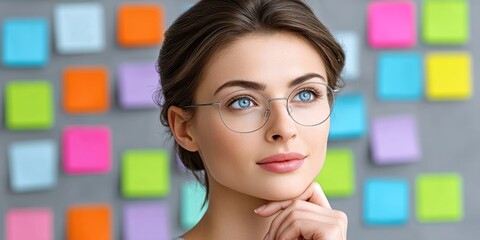 a realistic photo of a creative manager brainstorming ideas with a team on sticky notes