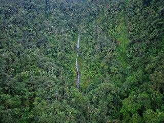 aerial view of big waterfall in jungle trees in tropical  forest in lost city sierra nevada of santa marta colombia 